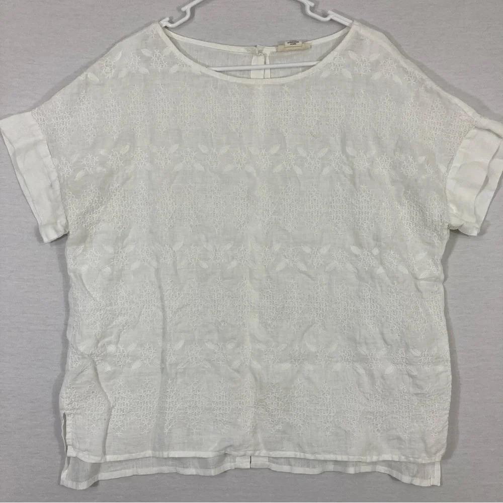 Christian Siriano White 100% Linen Embroidered Floral Top Large - Picture 1 of 10